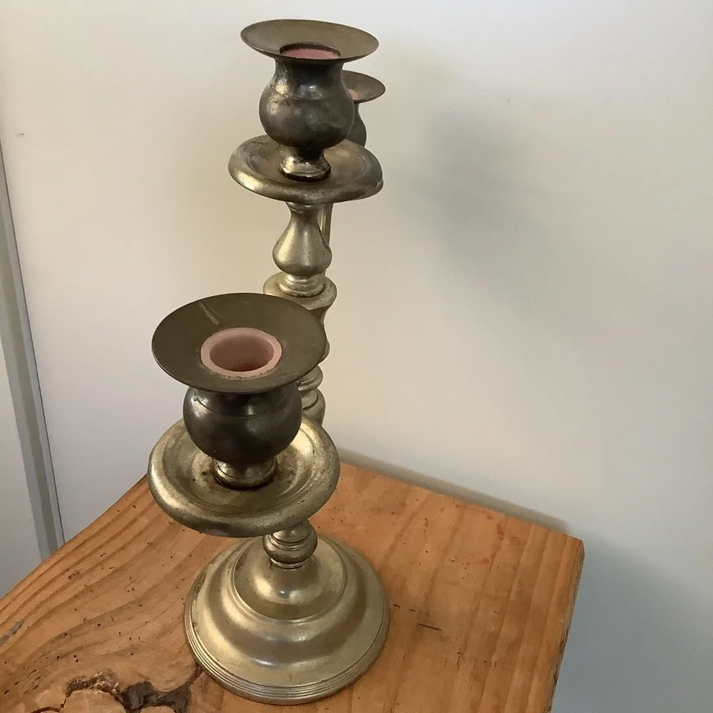 Vintage Antique Large 3 Arm Silvertone Brass Candelabra Candle Stick Ornate